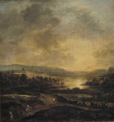 Aert van der Neer Hilly landscape at sunset.